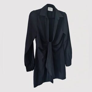 Native One Women's Black Long Sleeve Tie Front Plunge V-Neck Mini Dress Size L